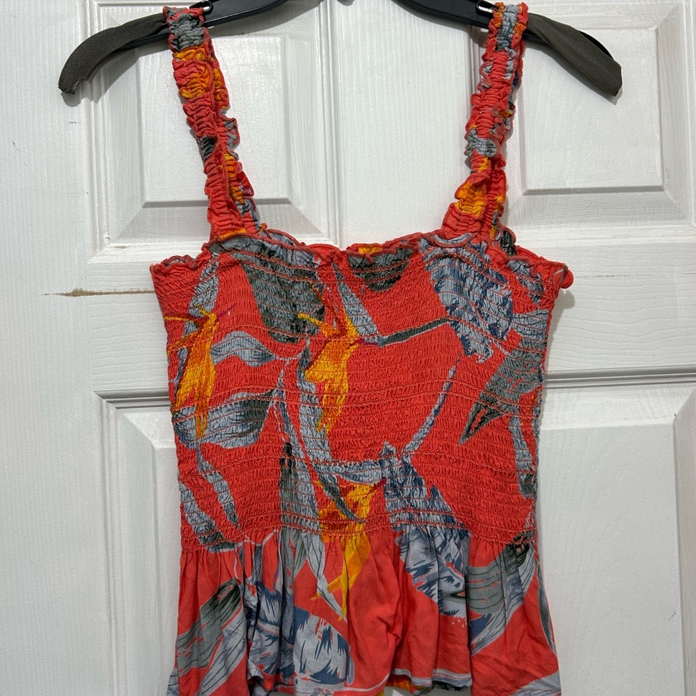 Women's Coral Smocked Tank Top with Tropical Print